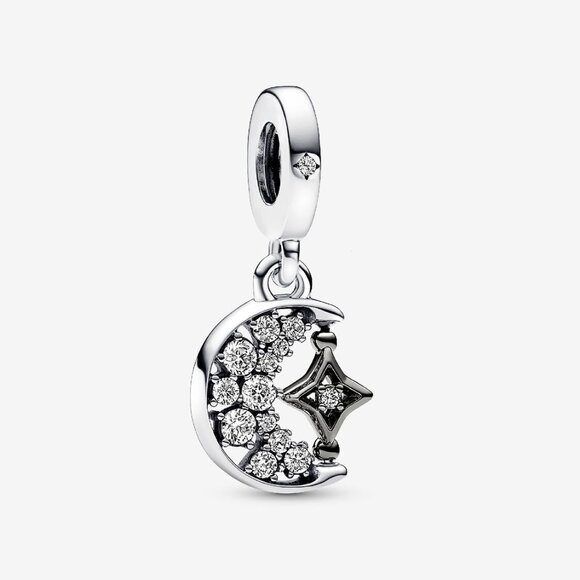 Pandora Sparkling Crescent Moon & Spinnable Star Dangle Charm - Picture 1 of 5